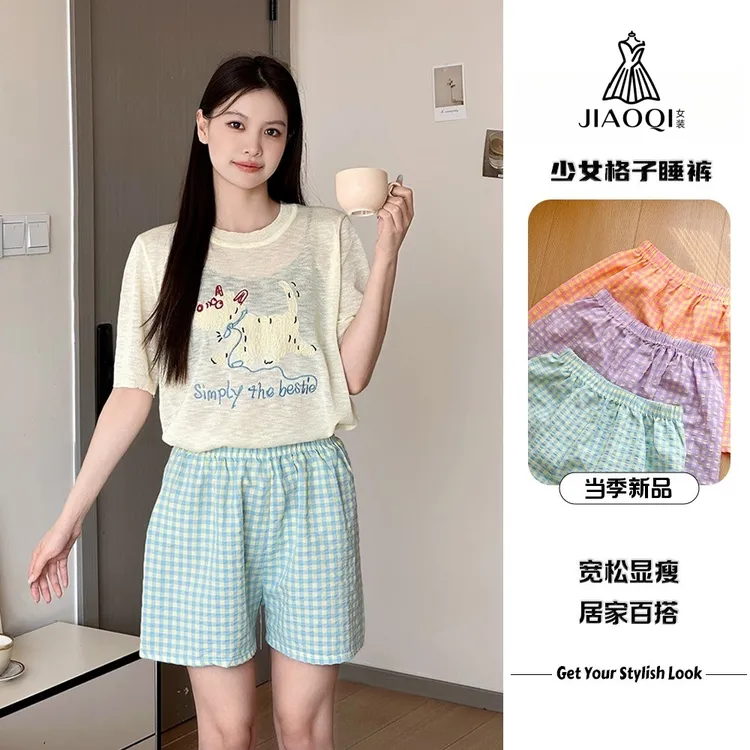 焦齐家居裤少女格子睡裤透气薄短裤宽松多巴胺显瘦韩版莫奈花园风