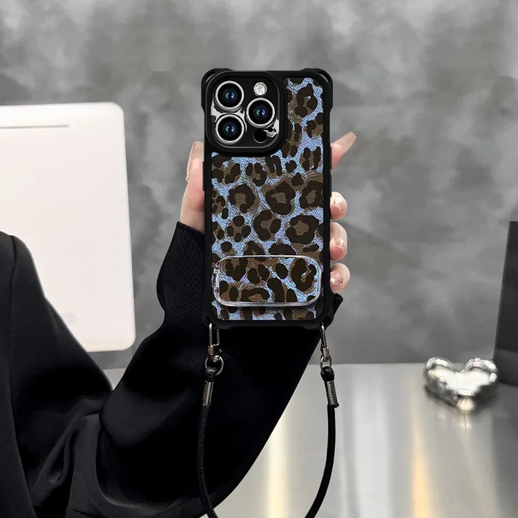蓝豹纹适用苹果vivo华为oppo小米iPhone16四角挂绳皮纹手机壳