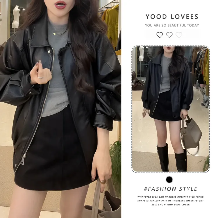 韩版加厚翻领皮衣外套女2025冬季新款百搭中长款拉链保暖夹克上衣