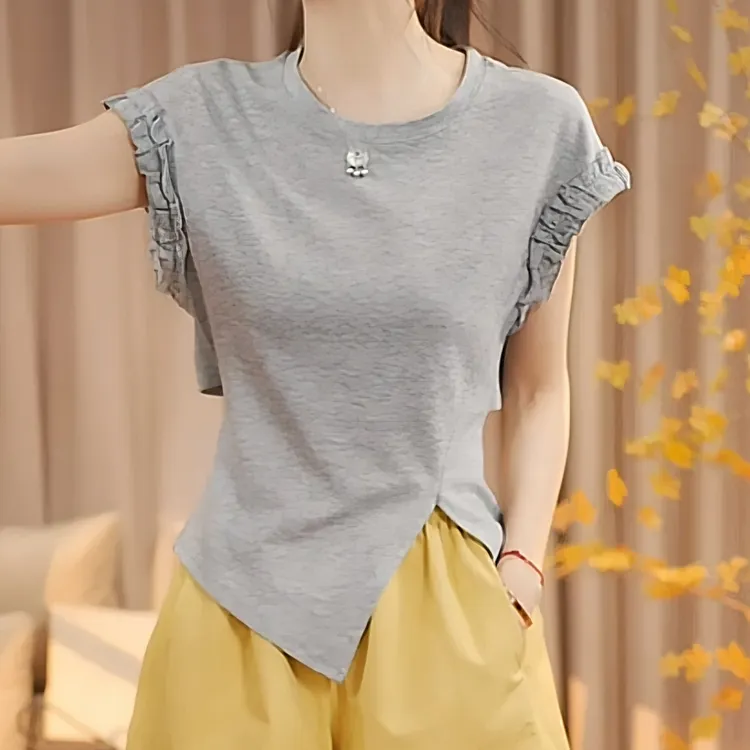 设计款木耳边后背系绳短袖T恤女2025夏不规则显瘦小众设计感上衣