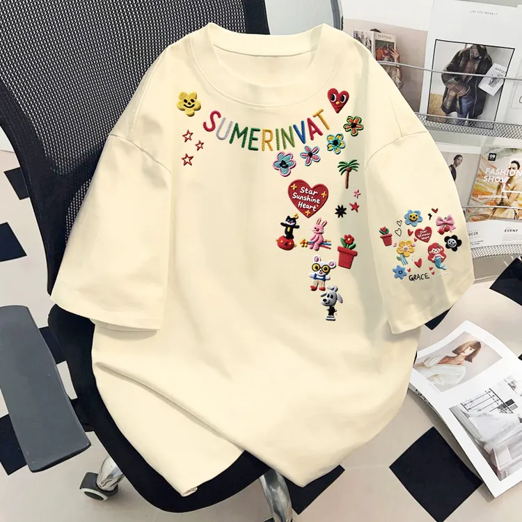 美式重磅纯棉短袖男女童简笔画字母仿刺绣印花夏季凉感休闲风上衣