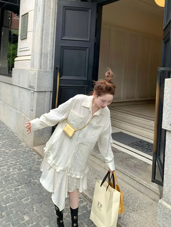 2025秋冬时尚设计感洋气休闲百搭不规则撞色假两件长袖连衣裙女潮