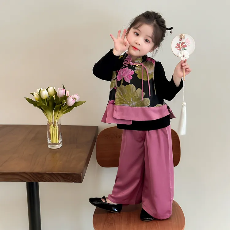 2025新款女童春秋中国风汉服古装套装女儿童长袖上衣阔腿裤三件套