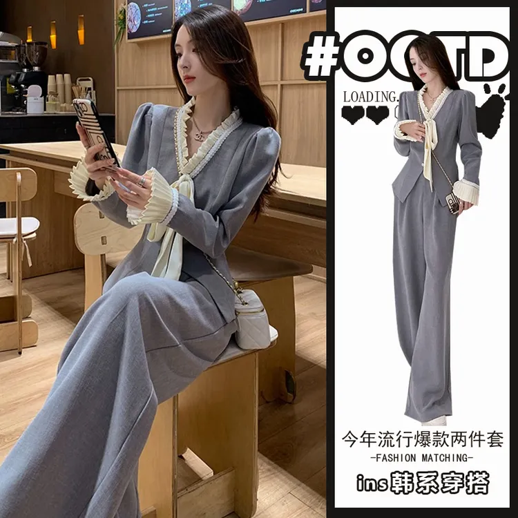 开春穿搭高级感套装2025新款显瘦减龄职业小香风西装阔腿裤两件套