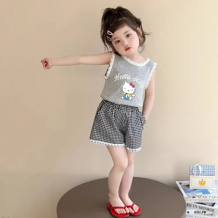女童夏装套装2025新款韩版儿童kt猫背心格子短裤两件套宝宝薄衣服