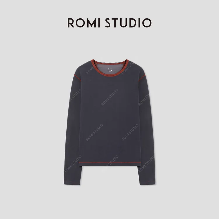 ROMI STUDIO“打破常规”灰红撞色边条舒适棉质长袖上衣RWCASU5423