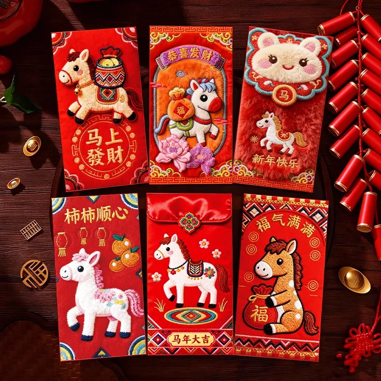 2026年新年压岁包卡通手绘福马萌马系列可爱春节红包立体刺绣风格