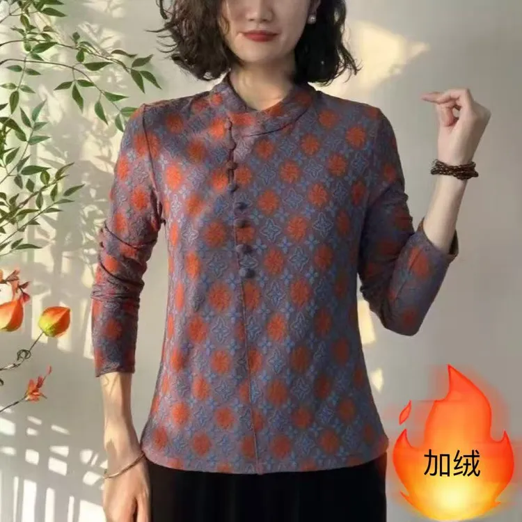 秋冬新款加绒立领纽扣时尚风中老年女装复古盘扣加绒打底衫233