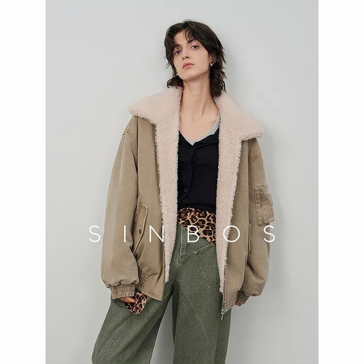 SINBOS凛冬 环保酵洗牛仔外套女羊羔毛加厚双面穿派
