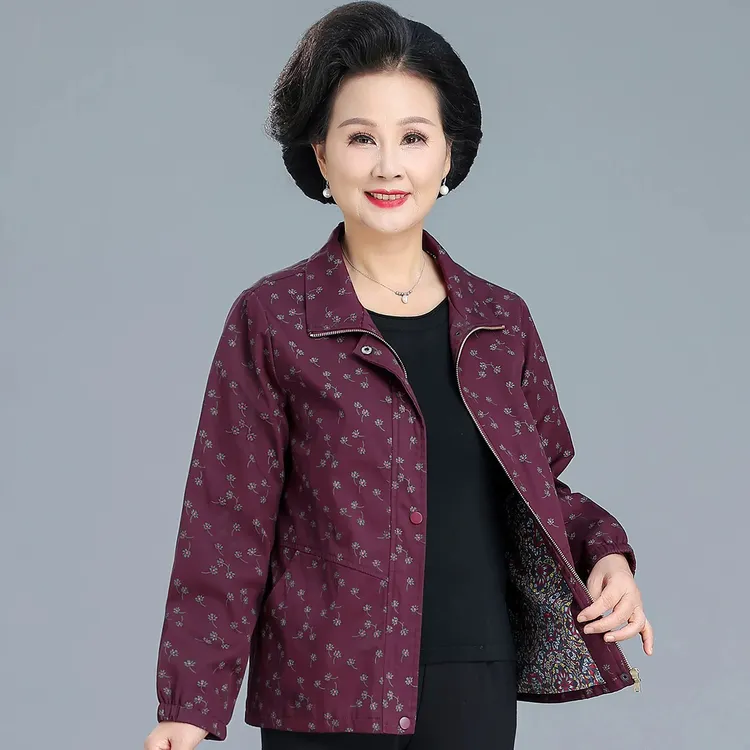 中老年春秋长袖上衣妈妈短款外套老太太洋气拉链风衣老人奶奶夹克