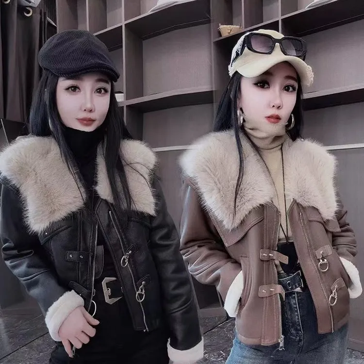 网红爆款外穿防寒PU皮毛一体夹克2025冬新款加绒加厚大毛领短外套
