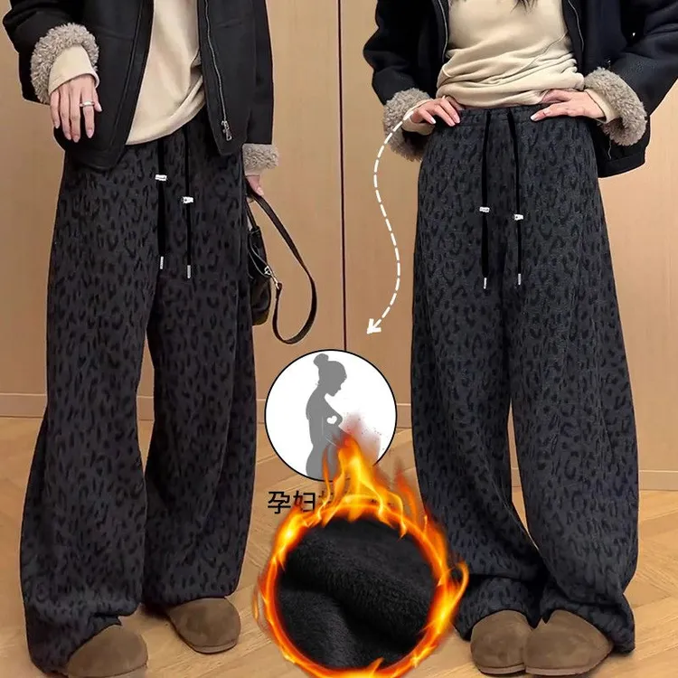 孕妇裤豹纹加绒弯刀阔腿裤新款冬季复古高级宽松显瘦加厚休闲裤子