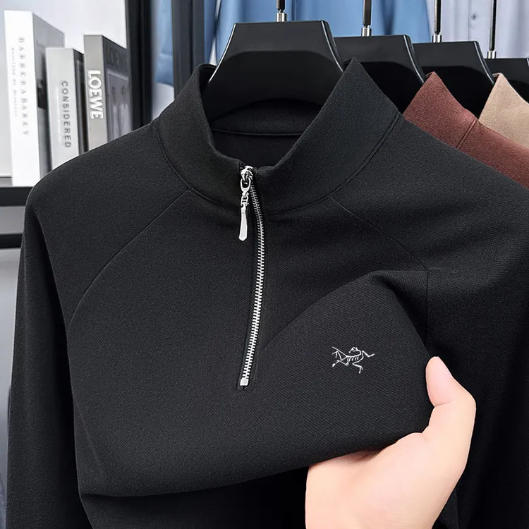 【奥特莱斯】始祖刺绣鸟德绒长袖卫衣秋冬商务男士半拉链立领打底衫