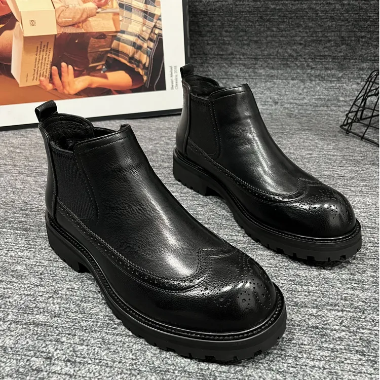 Y055【棉鞋 】冬季新款男士真皮时尚百搭经典切尔西休闲商务男鞋