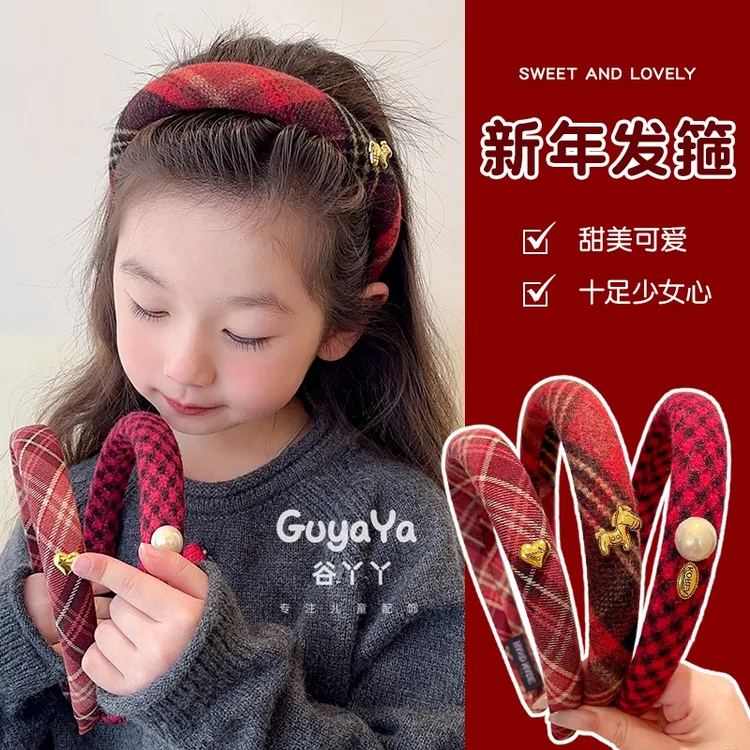 新年儿童红色系头箍洗脸压发捆宝宝高颅顶头饰学院风发卡格纹发箍