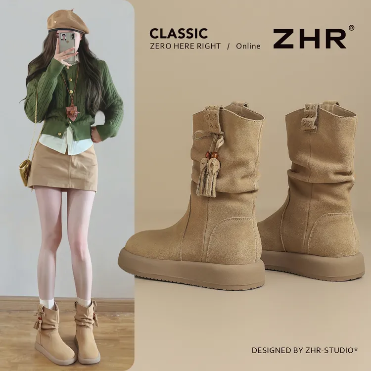 ZHR复古短靴2025新款秋冬美拉德厚底堆堆靴流苏西部靴时尚马丁靴