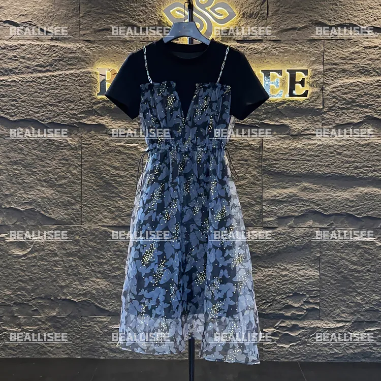 【FF专属】【2】新款显瘦短袖大码女装拼接吊带连衣裙JC-A2933