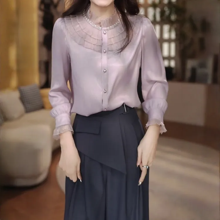 韩系穿搭简约纯色长袖衬衫2025秋季新款洋气蕾丝花边休闲显瘦上衣