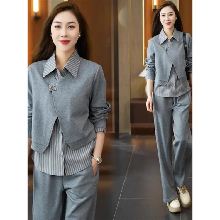 拉夏贝尔假两件运动套装女2025春秋新款时尚休闲卫衣阔腿裤两件套