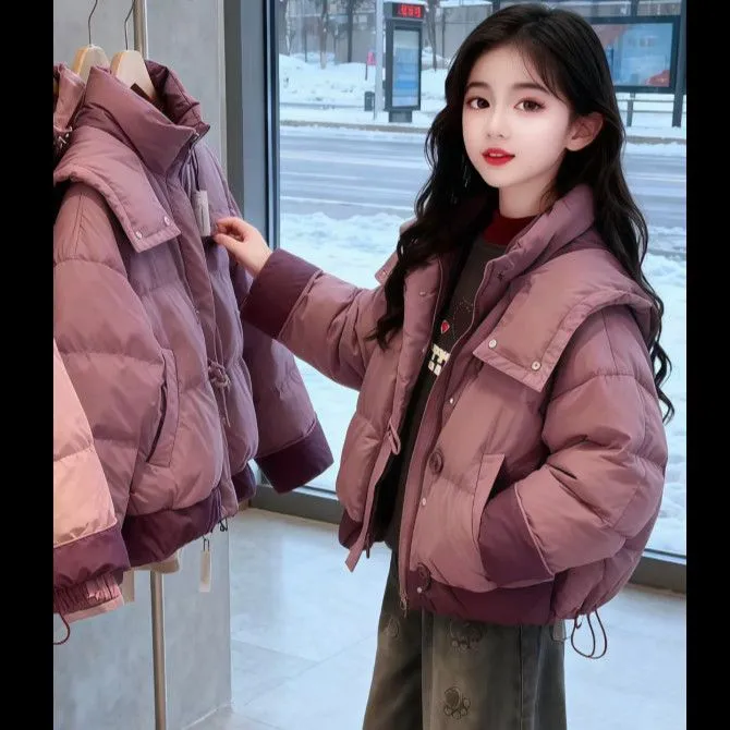 女大童棉服2025新款洋气儿童夹棉加厚外套冬装紫色棉袄面包服