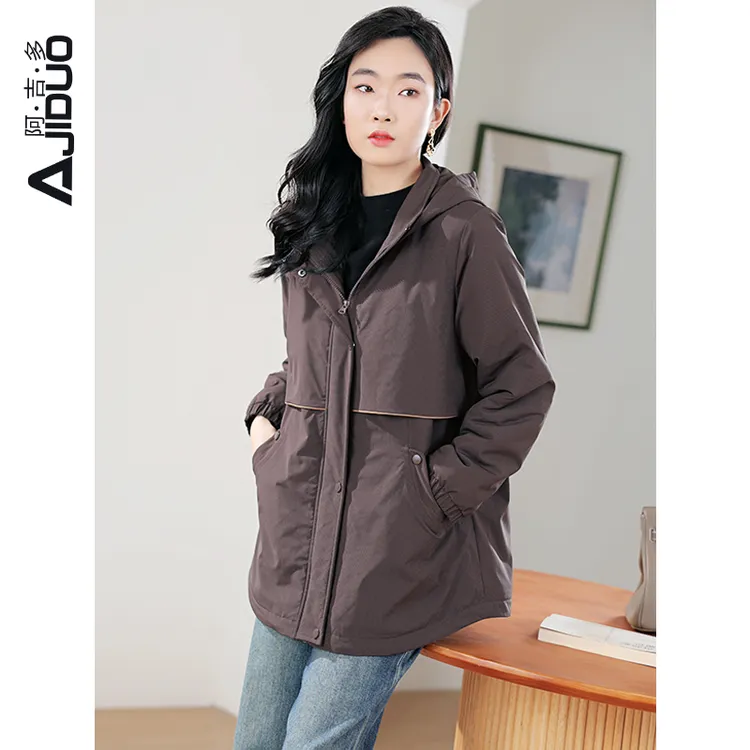 阿吉多A30896连帽加绒保暖外套女秋冬季防风御寒冲锋衣大码派克服