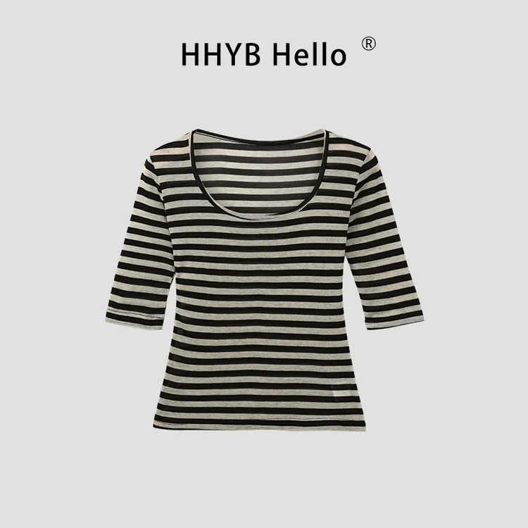 HHYB Hello2025夏季新款韩版独特休闲中袖圆领条纹T恤上衣250301