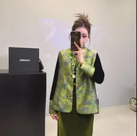 新款国风新中式文艺风立领薄款秋季提花拼接马夹印花绿色复古套装