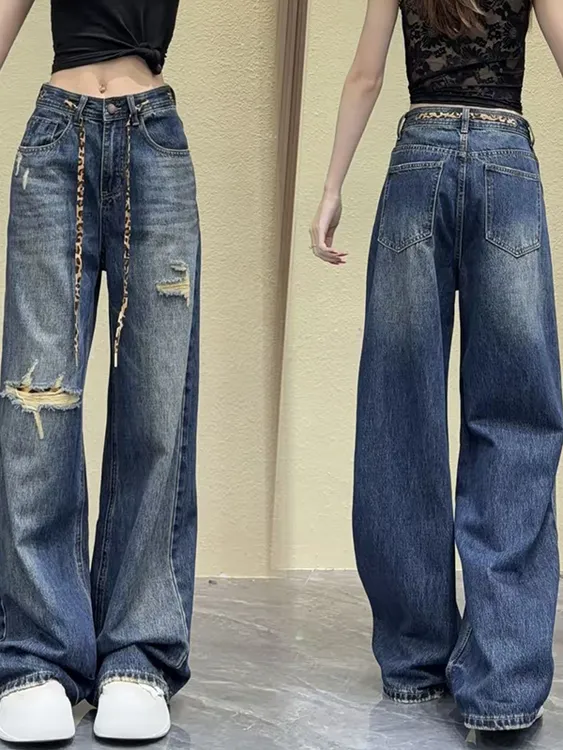 豹纹假破洞牛仔女2025秋新款美式高腰宽松直筒阔脚裤休闲拖地长裤