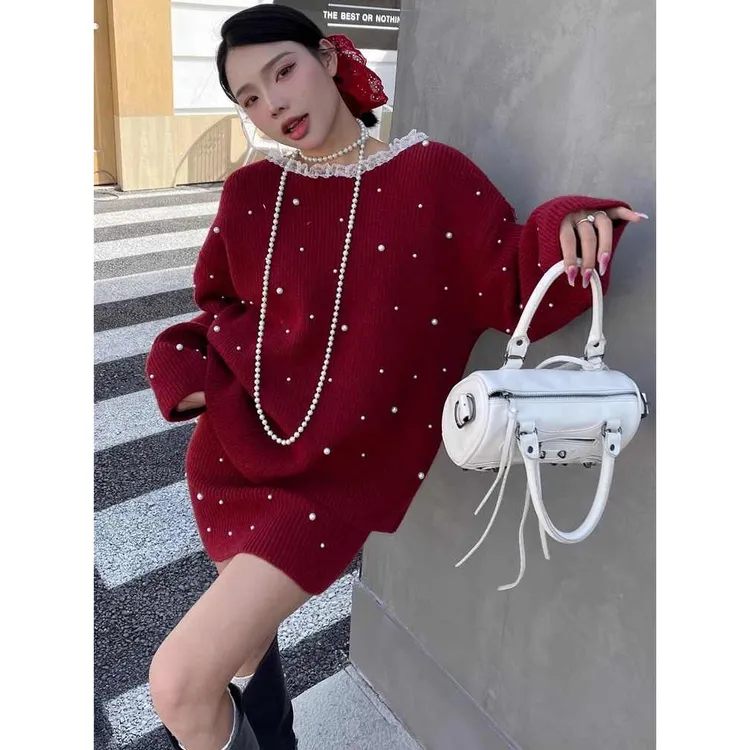 钉珠花边领宽松毛衣配半身高腰裙两件套女秋冬新款针织衫时尚套装