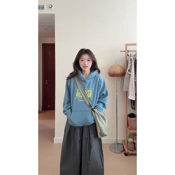 韩系宽松蓝色趣味字母连帽长袖卫衣女春秋原宿风休闲上衣裤子套装