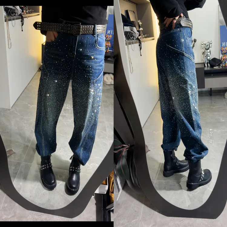 冬季厚绒弯刀裤烫钻高腰阔腿裤弹力牛仔裤街头阔腿长裤复古直长裤