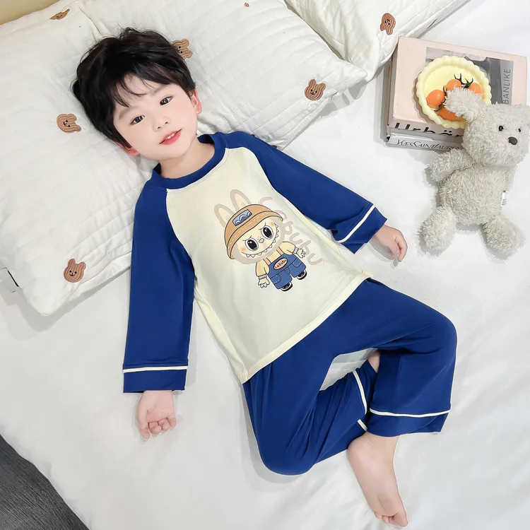 儿童春秋夏季莫代尔长袖睡衣男童家居服薄款套装夏天男孩空调服