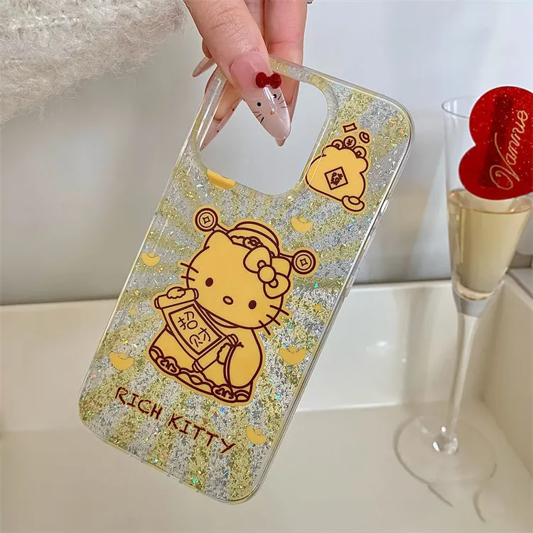 国风双闪粉趣味招财kt猫适用15promax手机壳16 16pro硬壳14/13