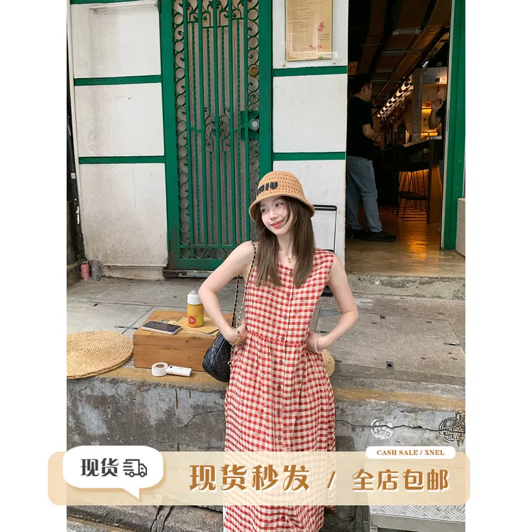 陳文文xenl【苏格兰岛】夏季新款拼接红色格纹宽松背心连衣裙0134