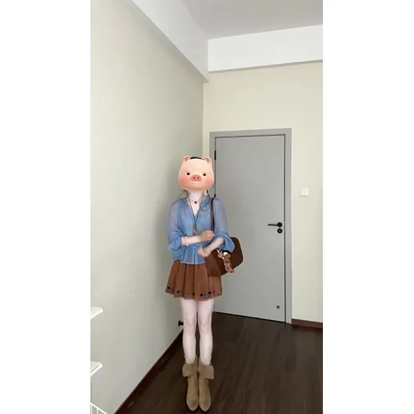 法式独特别致上衣宽松慵懒风设计感蓝色泡泡袖衬衫短裙显瘦套装