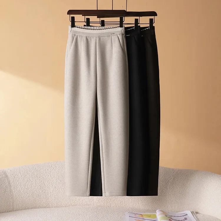 松紧腰绵羊毛裤哈伦裤女秋冬2024新款小个子烟管裤九分萝卜毛呢裤