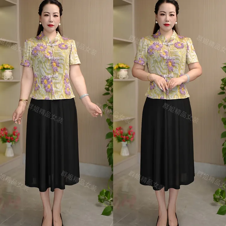 1089#夏季新中式短袖连衣裙气质显瘦妈妈女装立体紫色小花连衣裙