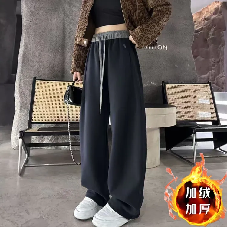 2025秋冬小马刺绣拼色束脚保暖窄版加绒卫裤女款爆款2025新款