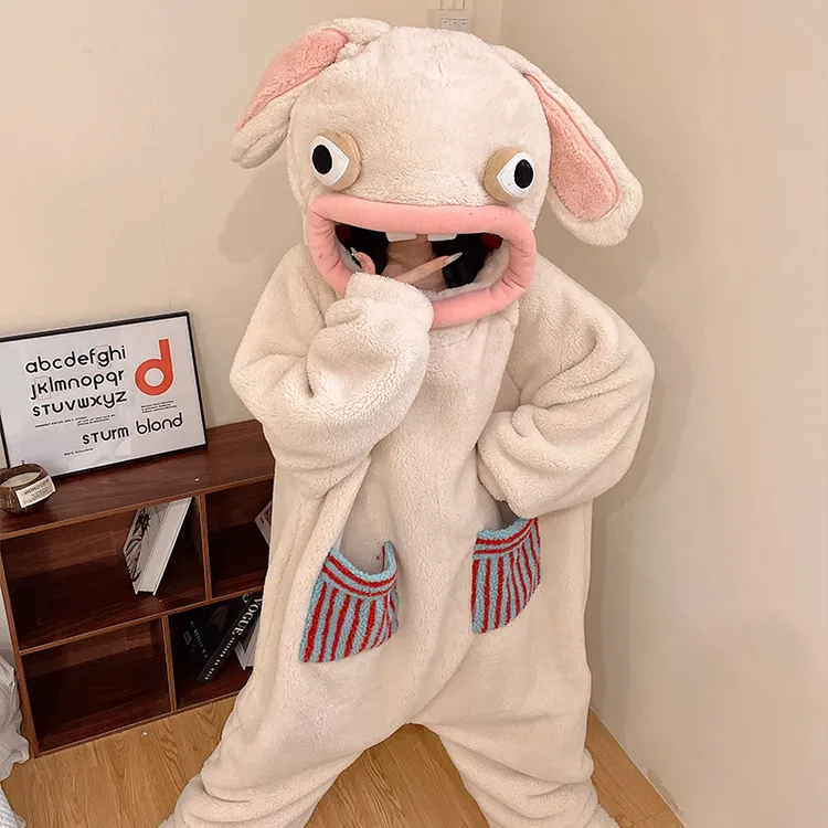 原创正版疯狂的兔子连体睡衣新款冬季搞怪抽象连帽睡袍珊瑚绒加厚
