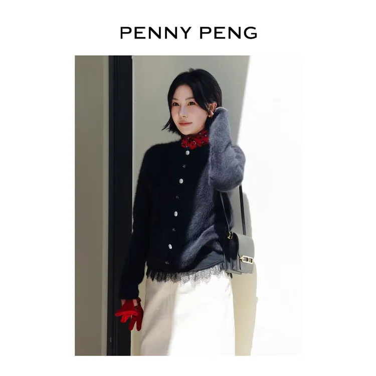 PENNYPENG雾漫暖冬 黑标系列设计感撞色纽扣百搭狐狸绒羊绒开衫