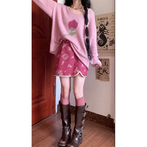 2025韩系早秋新款粉色郁金香针织长袖上衣搭配裙子时尚两件套