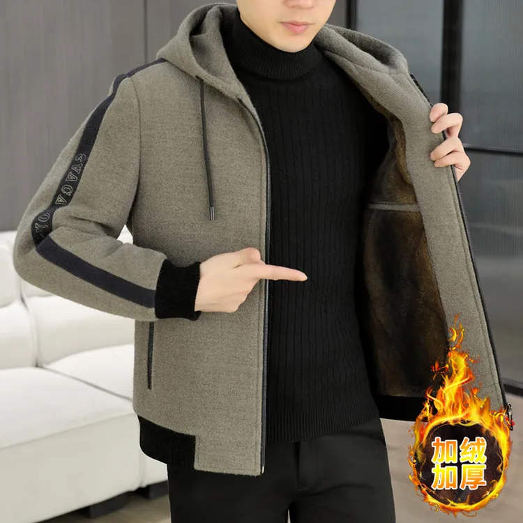 姆尔丘顿MERCUTON秋冬季加绒加厚毛呢大衣男潮流连帽短款呢子外套