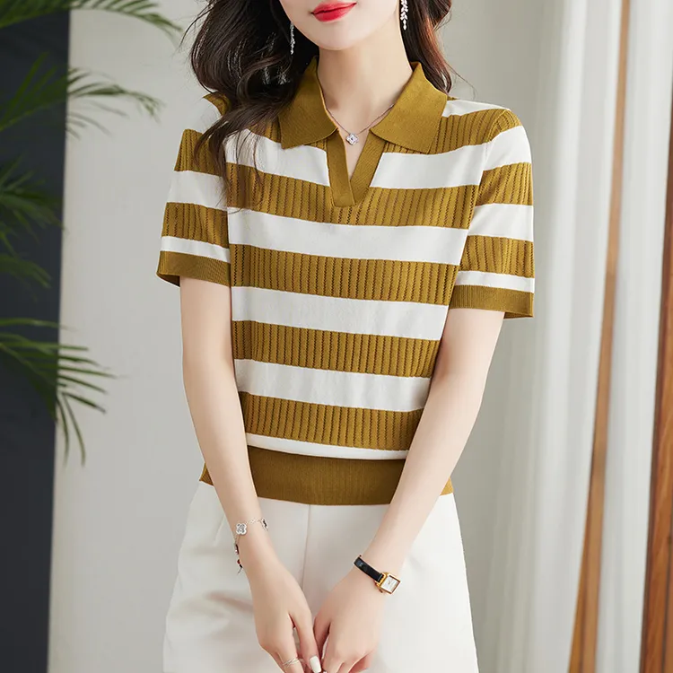 100%莱赛尔天丝新款镂空透气针织短袖t恤显瘦休闲V领上衣洋气条纹
