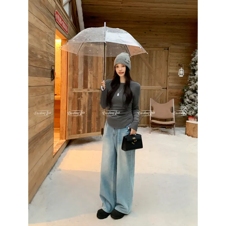 DarlingJust小野墩墩[暖冬裤]复古蓝直筒加绒梨形显瘦阔腿牛仔裤