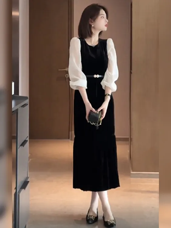 大码长裙女秋装新款法式高端精致连衣裙胖mm气质收腰显瘦长袖裙子