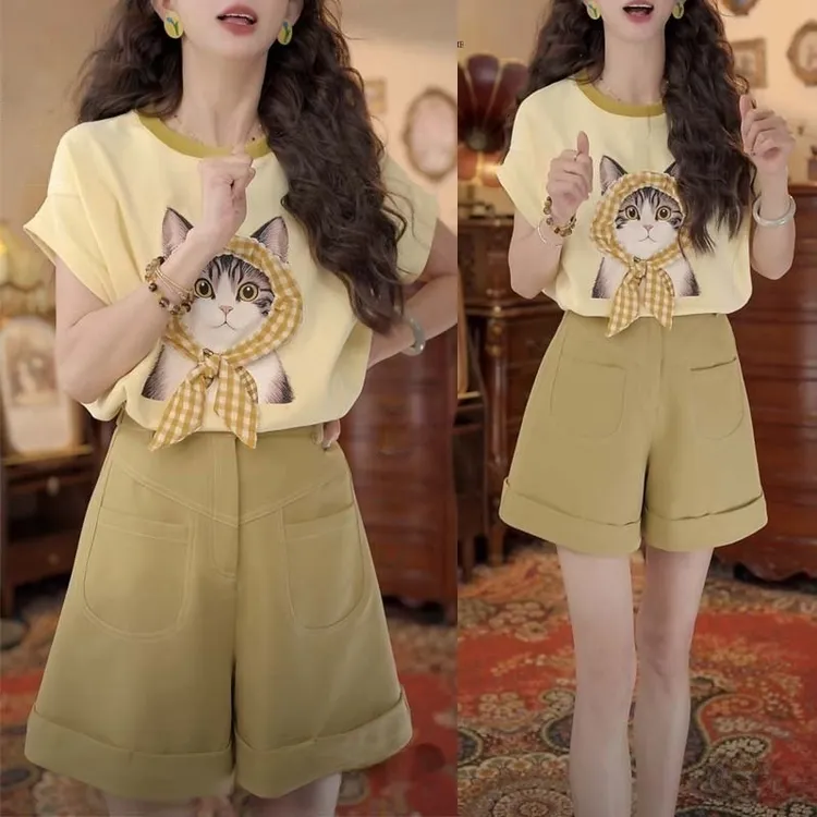 香朵儿复古港风气质减龄套装女2025夏季新款短袖上衣休闲裤两件套