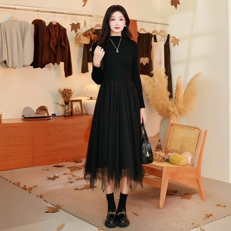 加厚加密2025秋冬唯美纱裙毛衣显瘦仙气长袖半高领晚宴针织连衣裙