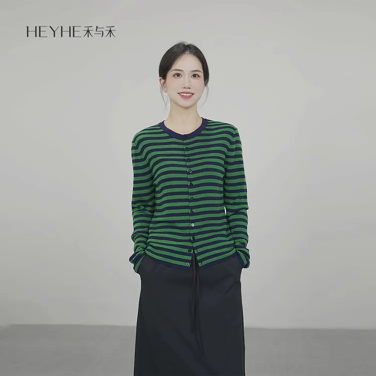 小禾【绿野森林】蚕丝羊毛混纺圆领撞色条纹百搭休闲针织开衫