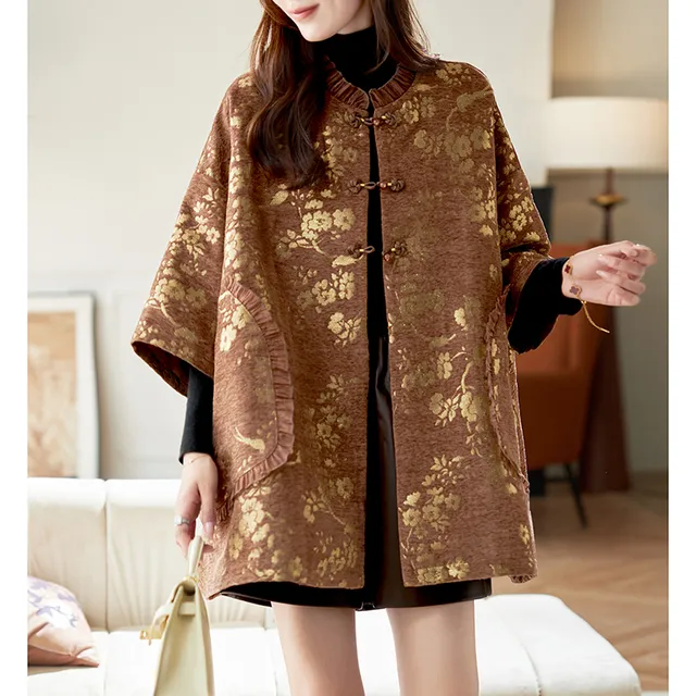 宝诗黎蝙蝠袖亮丝提花外套2025春季气质新中式盘扣宽松慵懒女装