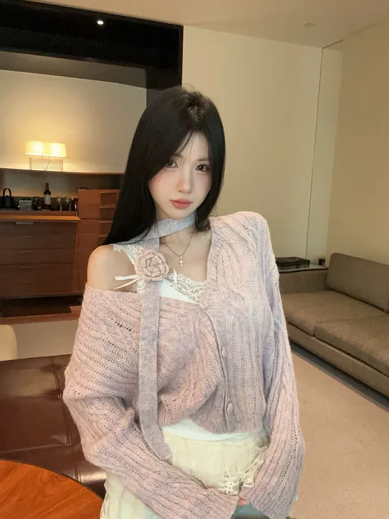 秋季新款杂色定染混紫色V领围巾针织开衫配显瘦高腰半身裙两件套